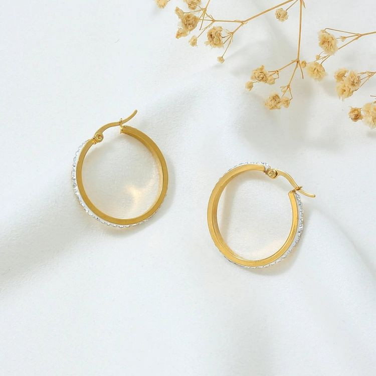 Стальные серьги-булавка с напылением золота и стеклом круг J10262CJJ