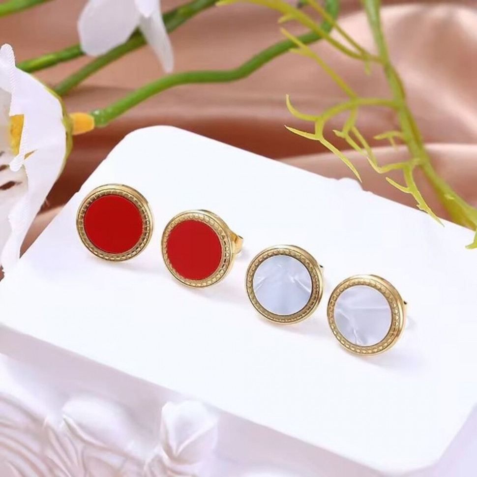 Золотистые стальные серьги-пусеты с перламутровой инкрустацией 1J10891CJJ