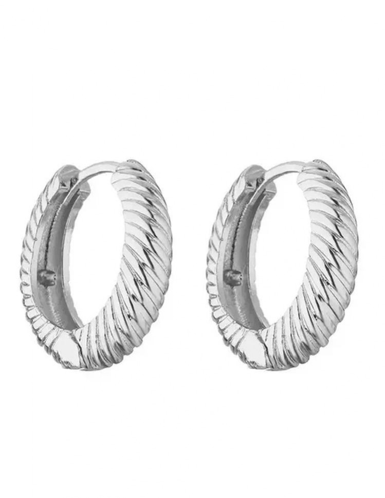 Серебристые серьги кольца из латуни с платиновым напылением и рифлением 1J10046CJJ