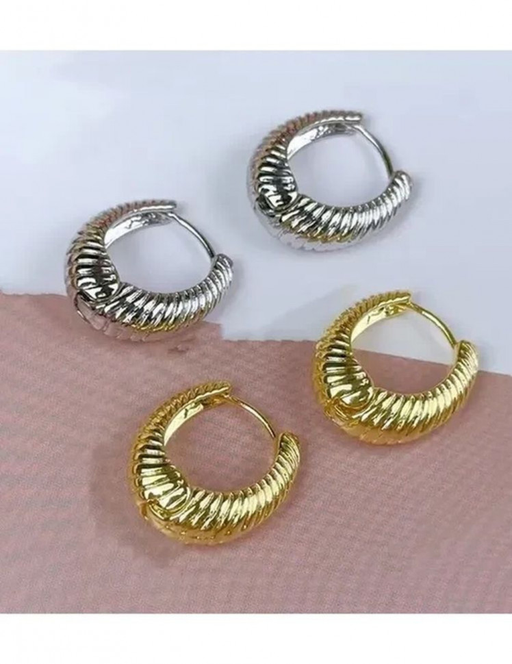 Серебристые серьги кольца из латуни с платиновым напылением и рифлением 1J10046CJJ