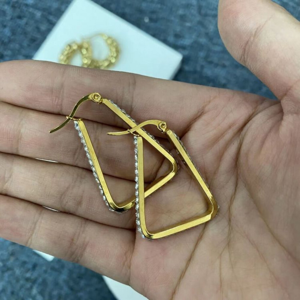 Стальные серьги-булавка с напылением золота и стеклом треугольник J10263CJJ