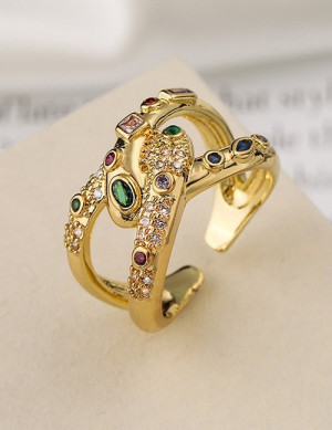 Широкое разомкнутое кольцо с цветной россыпью L76124