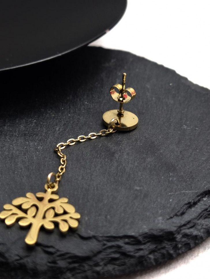 Серьги гвоздики древо жизни из стали с напылением золотом J11531CJJ Серьги гвоздики древо жизни из стали с напылением золотом J11531CJJ