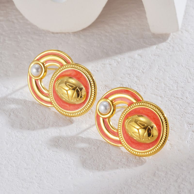 Серьги-пусеты Круглые многослойные с эмалью и жемчугом CJL35138