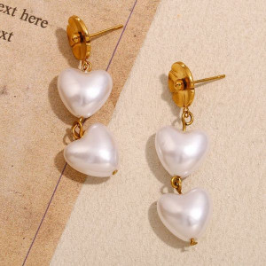 Серьги Висячие Двойные жемчужные сердца CJL49865 Серьги Висячие Двойные жемчужные сердца CJL49865