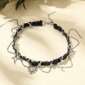 Черный текстильный чокер с каскадом цепей и сердец CJM16886 Черный текстильный чокер с каскадом цепей и сердец CJM16886