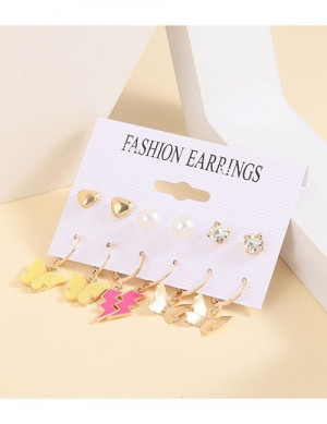 Набор нежных золотистых серег с разноцветными бабочками и жемчугом U92634 Набор нежных золотистых серег с разноцветными бабочками и жемчугом U92634